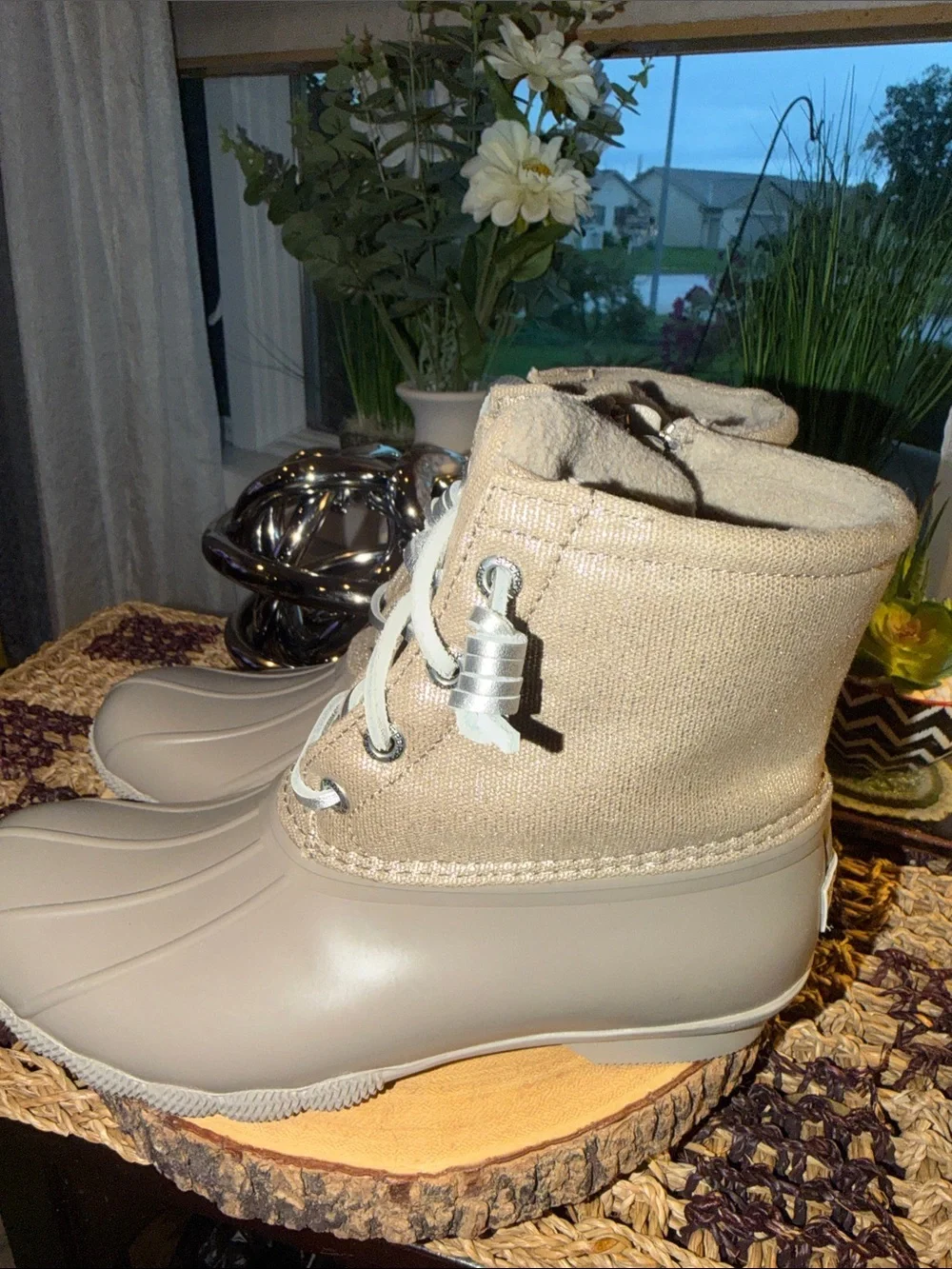 Sperry Saltwater Shimmer Duck Boots Dove Taupe Women’s Size 5 M STS86431